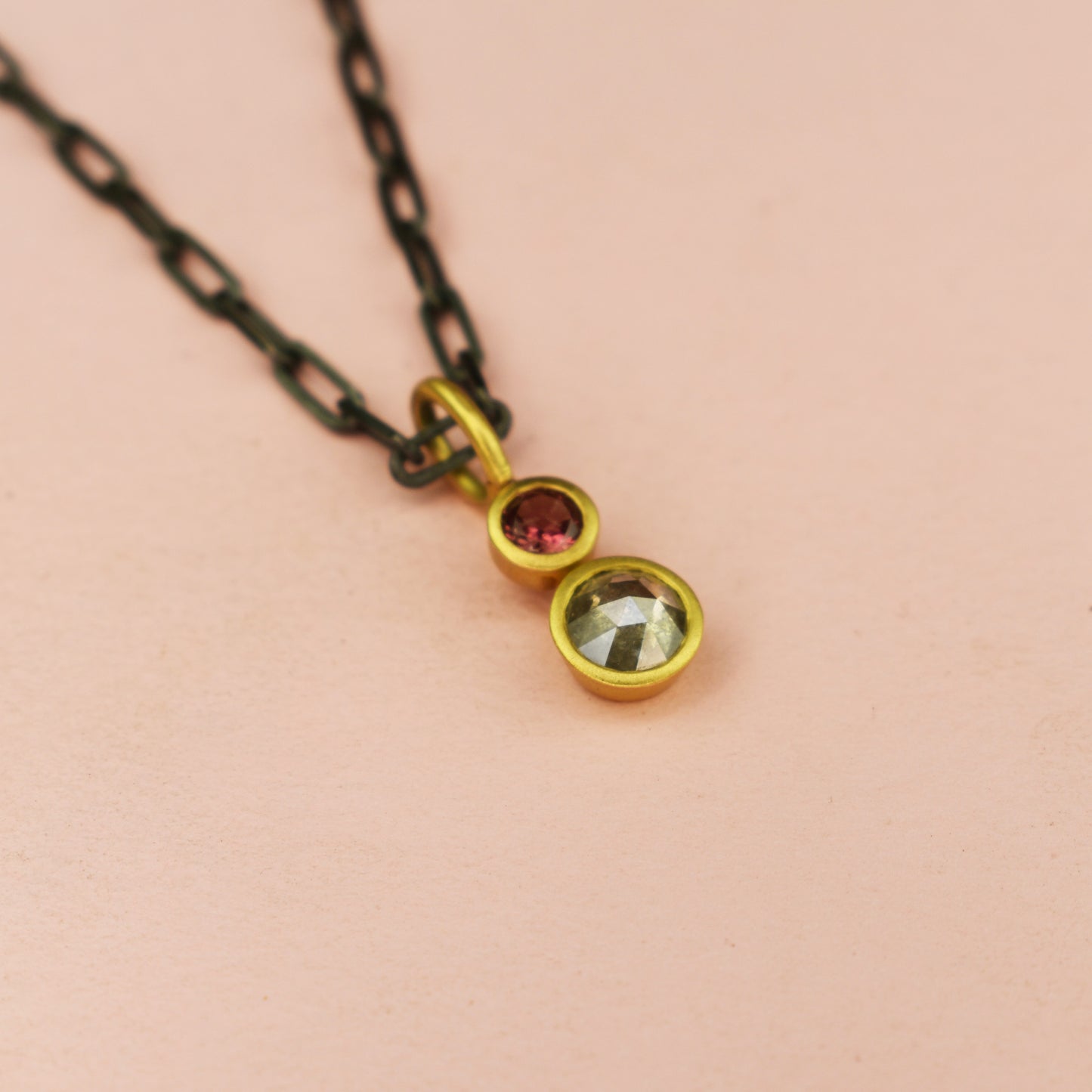 18ct Gold Set Rose Cut Grey Diamond & Tourmaline Pendant