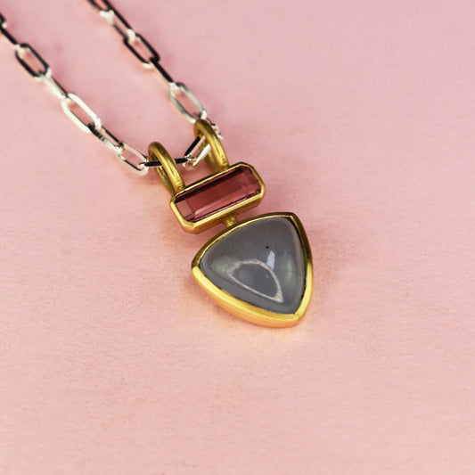 18ct Gold Set Aquamarine & Pink Tourmaline Pendant