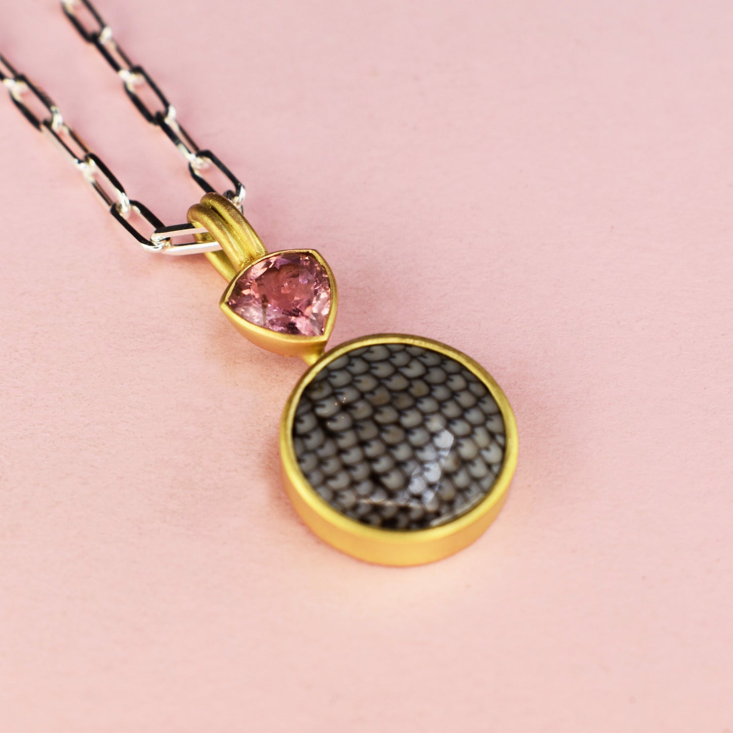 18ct Gold Set Pink Tourmaline & Fossilised Wrasse Pendant