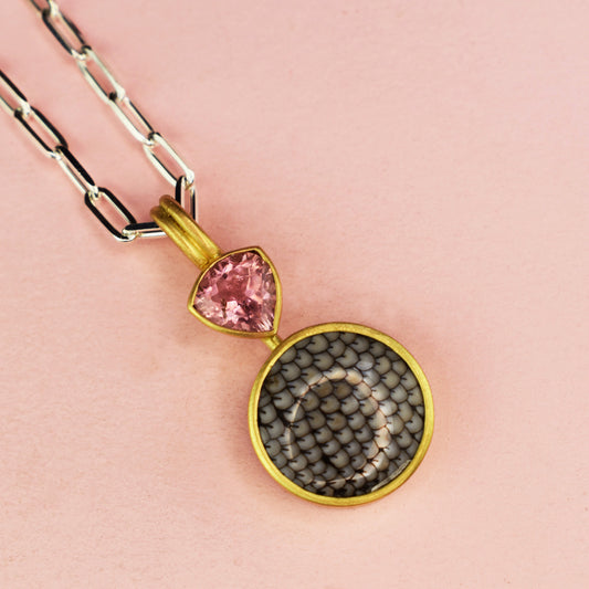 18ct Gold Set Pink Tourmaline & Fossilised Wrasse Pendant