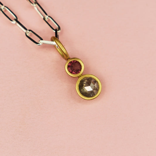 18ct Gold Set Rose Cut Grey Diamond & Tourmaline Pendant