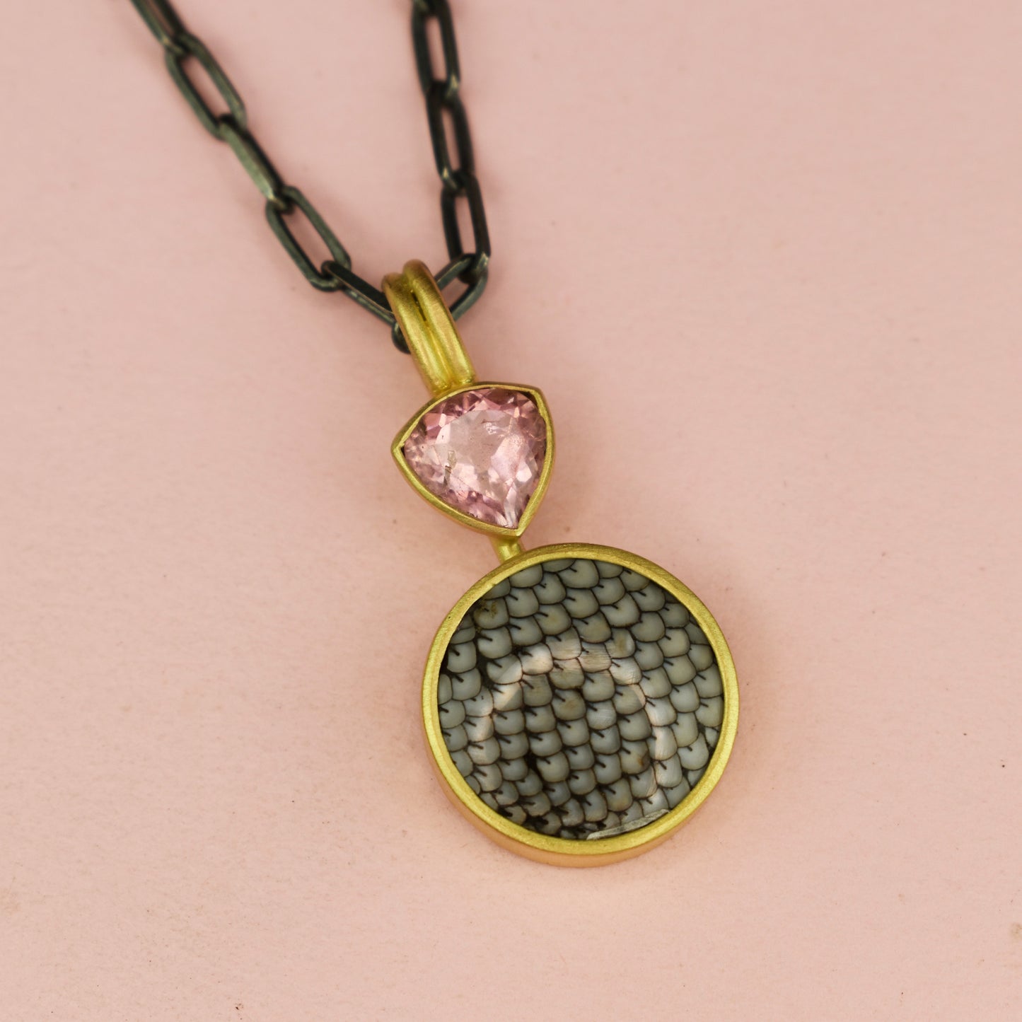 18ct Gold Set Pink Tourmaline & Fossilised Wrasse Pendant