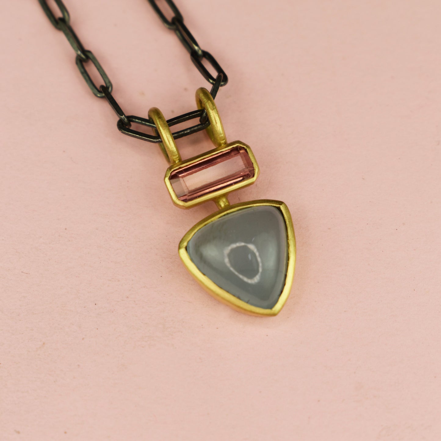 18ct Gold Set Aquamarine & Pink Tourmaline Pendant