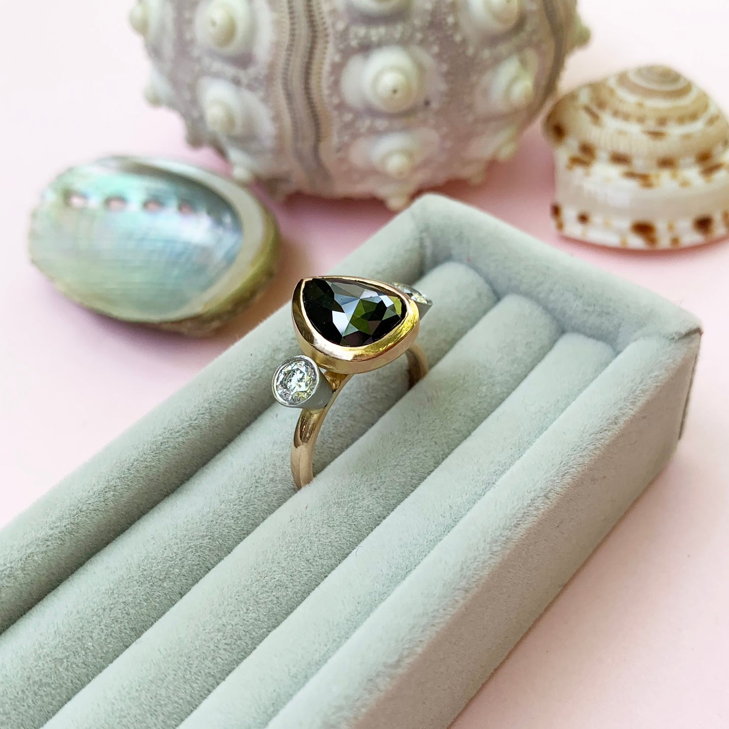 rose cut black diamond ring, 18ct rose gold diamond ring, rose gold ring, black diamond ring with white diamonds either side, black diamond ring, 18ct rose gold diamond ring