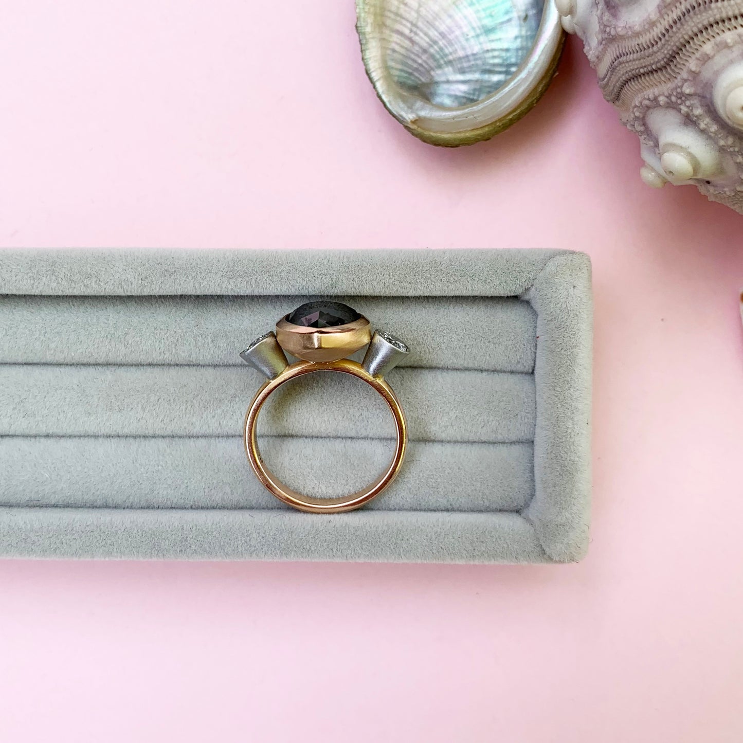 rose cut black diamond ring, 18ct rose gold diamond ring, rose gold ring, black diamond ring with white diamonds either side, black diamond ring, 18ct rose gold diamond ring