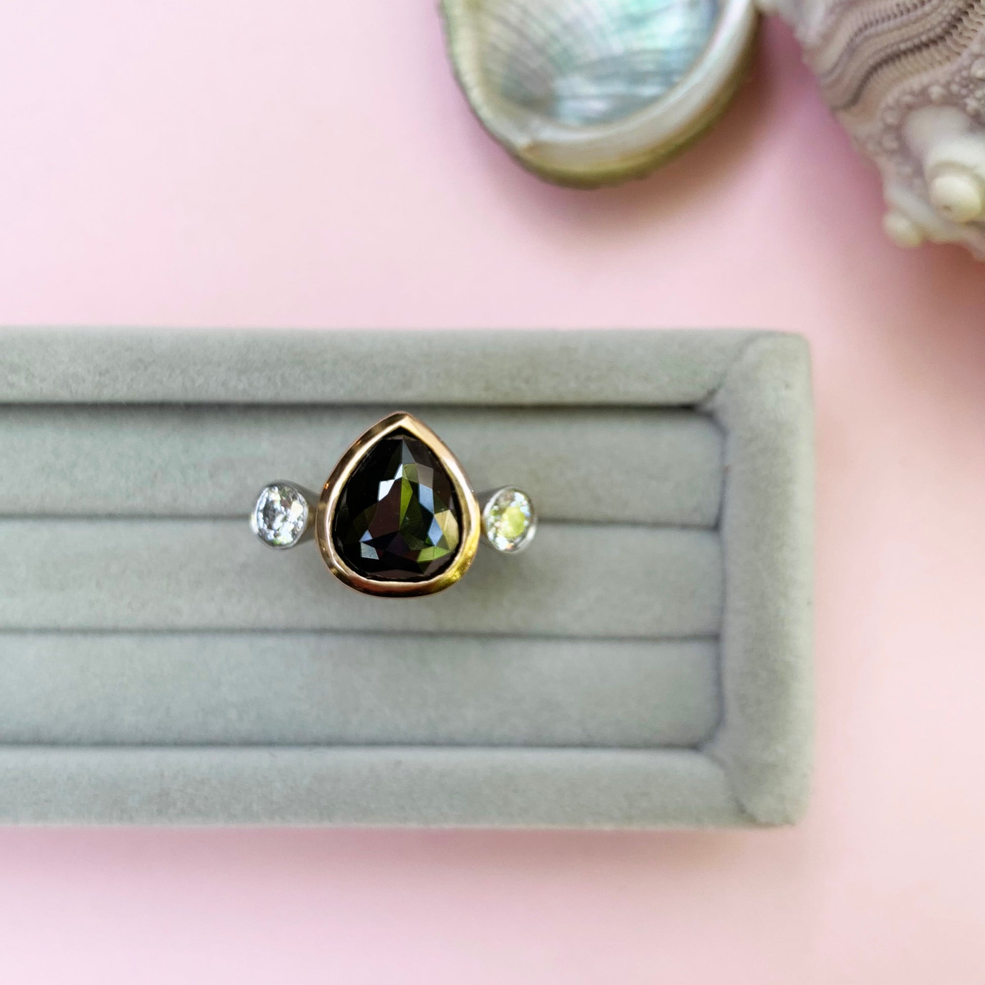 rose cut black diamond ring, 18ct rose gold diamond ring, rose gold ring, black diamond ring with white diamonds either side, black diamond ring, 18ct rose gold diamond ring