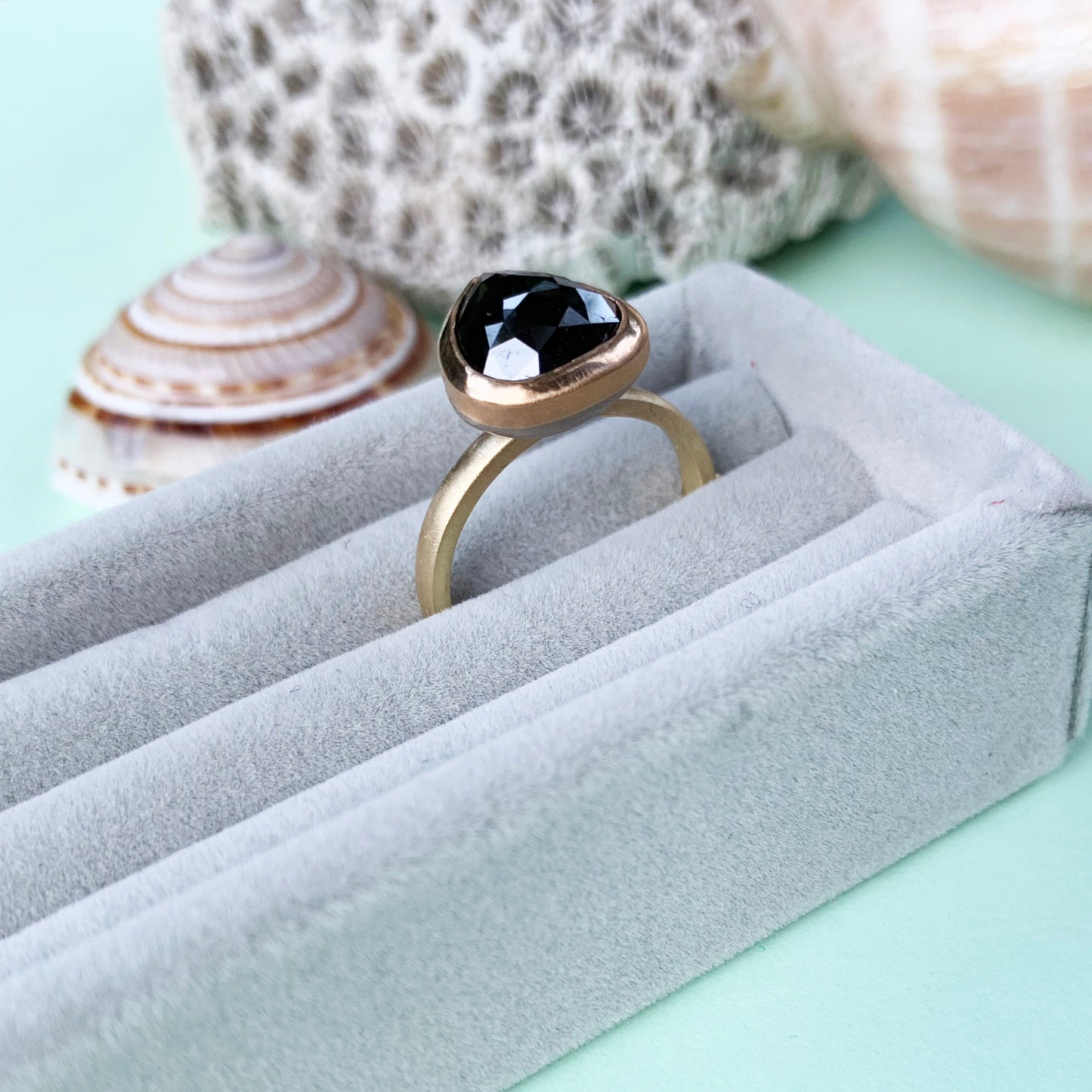 black diamond rose cut ring, 18ct yellow gold ring, 18ct yellow gold shank, rose cute black diamond bezel set in 22ct gold, 22ct gold, black diamond in gold, diamond ring, gold ring, 18ct gold diamond ring with satin finish, satin finish