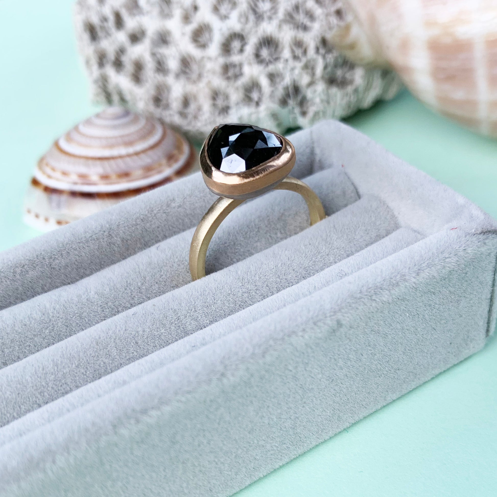 black diamond rose cut ring, 18ct yellow gold ring, 18ct yellow gold shank, rose cute black diamond bezel set in 22ct gold, 22ct gold, black diamond in gold, diamond ring, gold ring, 18ct gold diamond ring with satin finish, satin finish