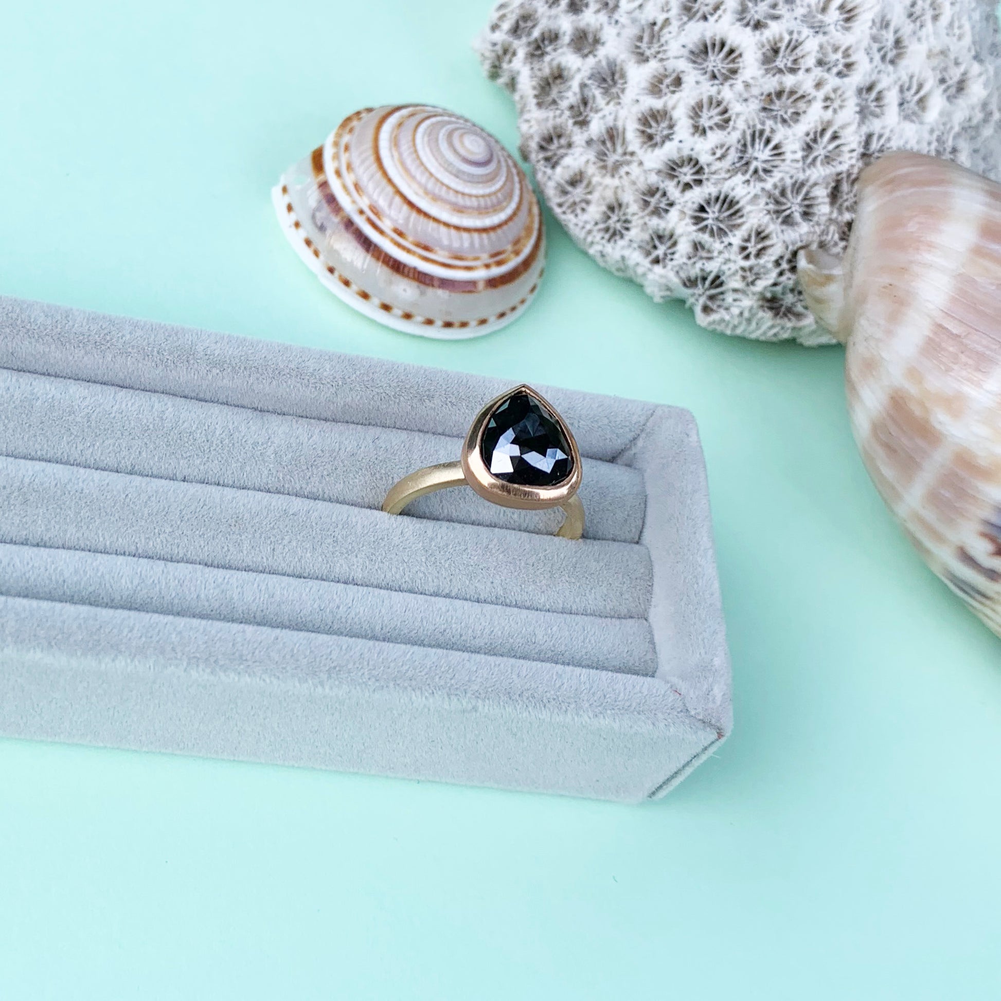 black diamond rose cut ring, 18ct yellow gold ring, 18ct yellow gold shank, rose cute black diamond bezel set in 22ct gold, 22ct gold, black diamond in gold, diamond ring, gold ring, 18ct gold diamond ring with satin finish, satin finish