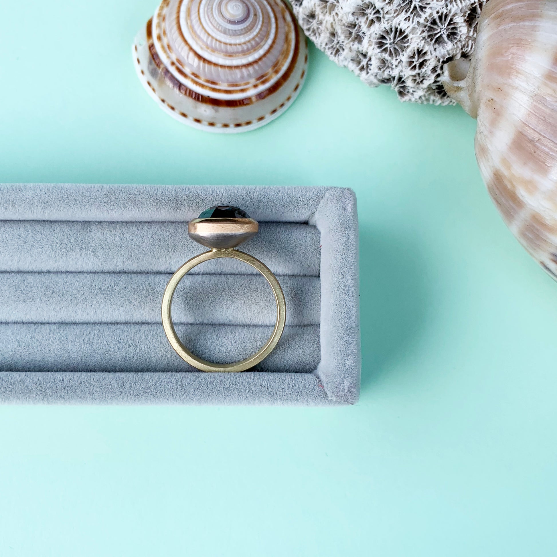 black diamond rose cut ring, 18ct yellow gold ring, 18ct yellow gold shank, rose cute black diamond bezel set in 22ct gold, 22ct gold, black diamond in gold, diamond ring, gold ring, 18ct gold diamond ring with satin finish, satin finish