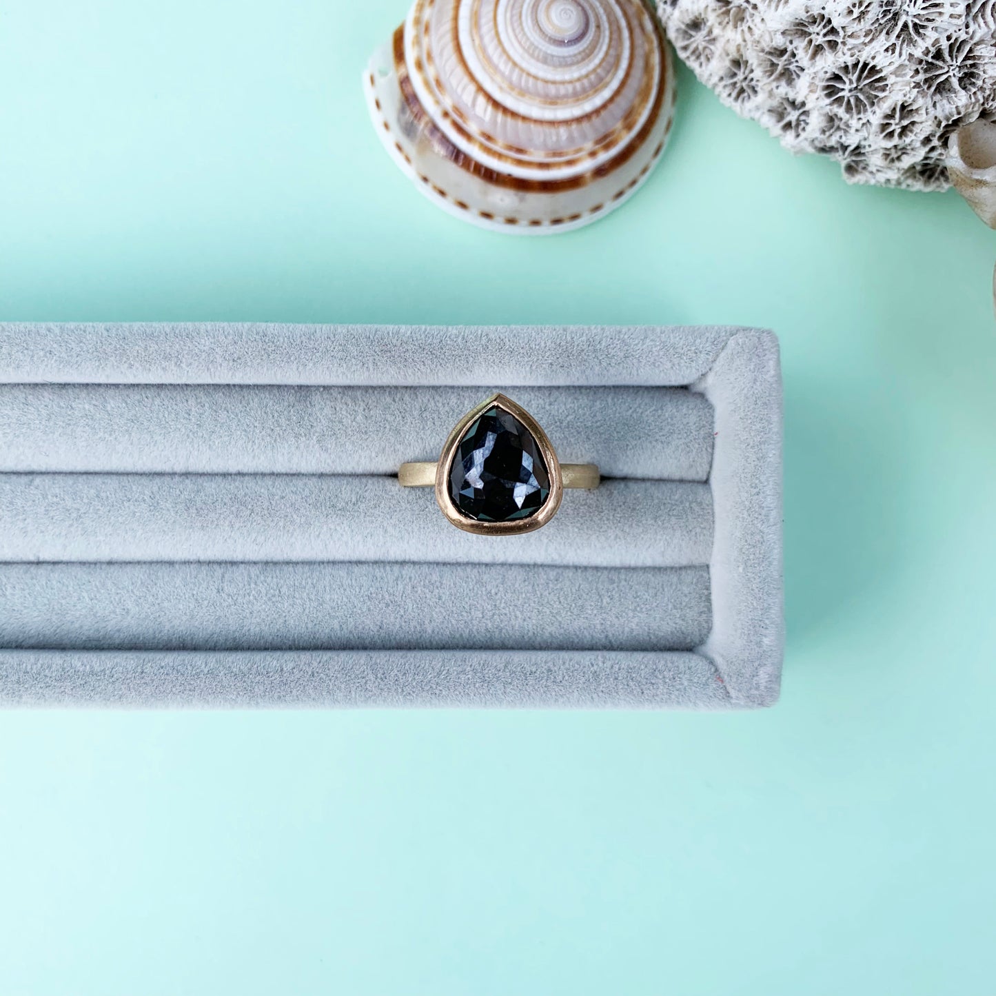 black diamond rose cut ring, 18ct yellow gold ring, 18ct yellow gold shank, rose cute black diamond bezel set in 22ct gold, 22ct gold, black diamond in gold, diamond ring, gold ring, 18ct gold diamond ring with satin finish, satin finish