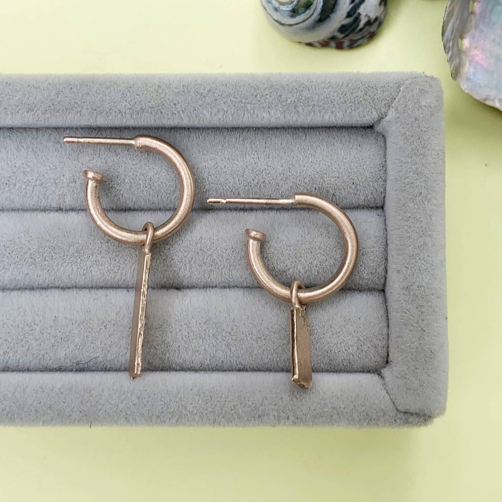 9ct gold hoops, asymmetric hoops, 9ct gold hammered charms, hammered drops, gold earrings, gold hammered hoops