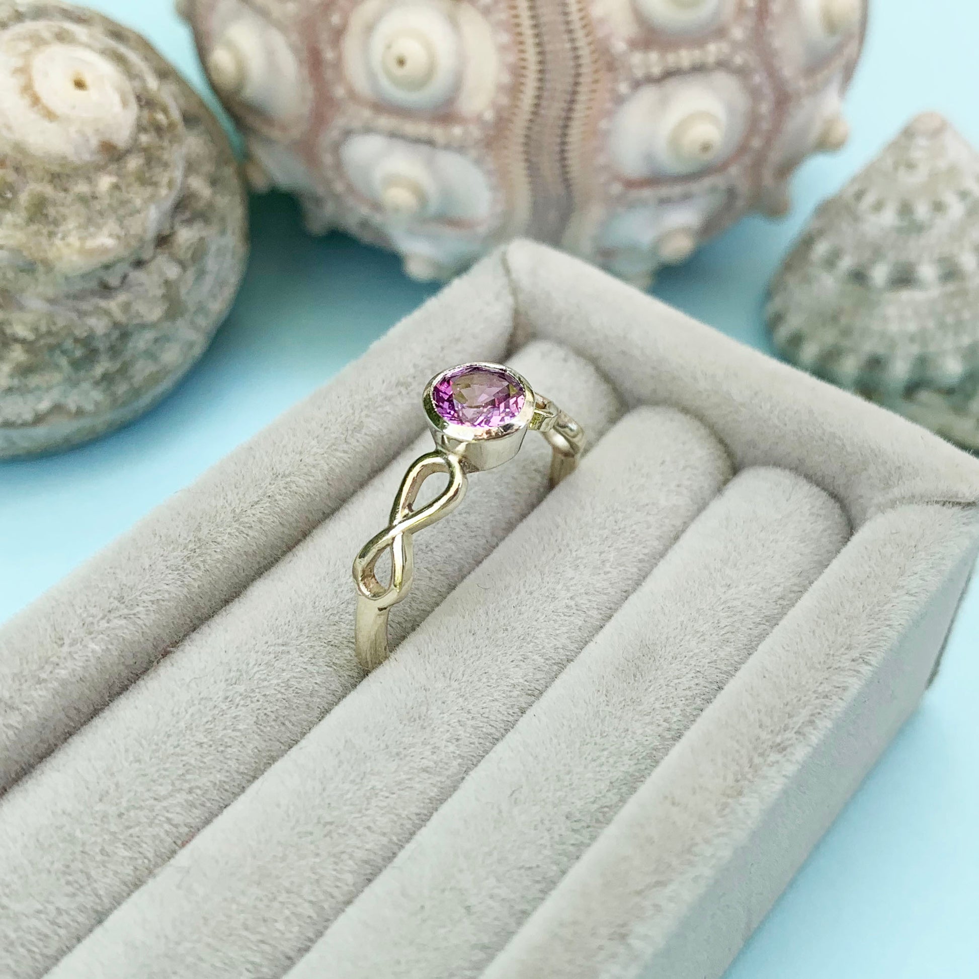 9ct white gold purple sapphire ring, infinite white gold ring, 9ct white gold ring, white gold purple sapphire ring, sapphire ring, gold purple sapphire ring, gold infinite sapphire ring