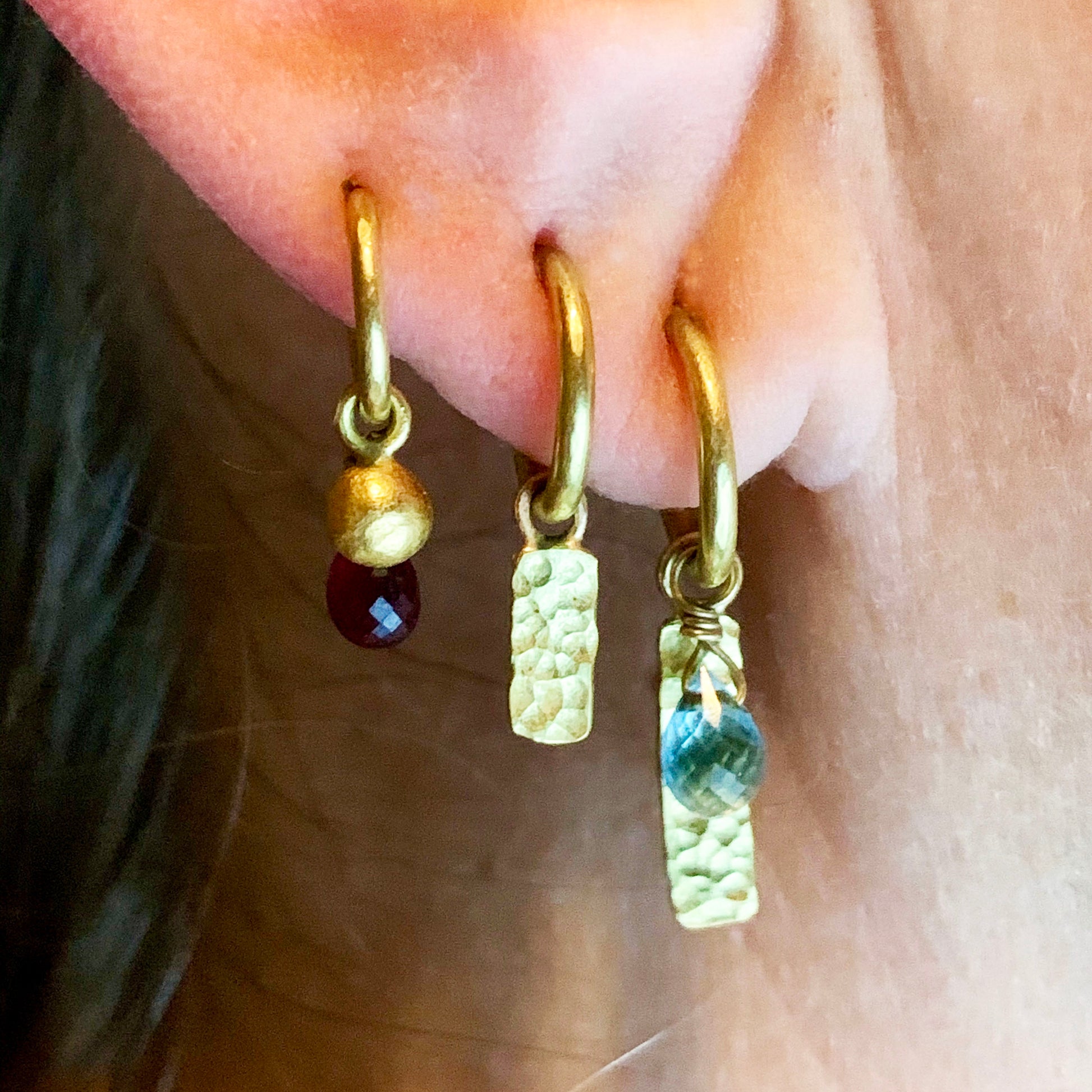 9ct gold hoops, asymmetric hoops, 9ct gold hammered charms, hammered drops, gold earrings, gold hammered hoops