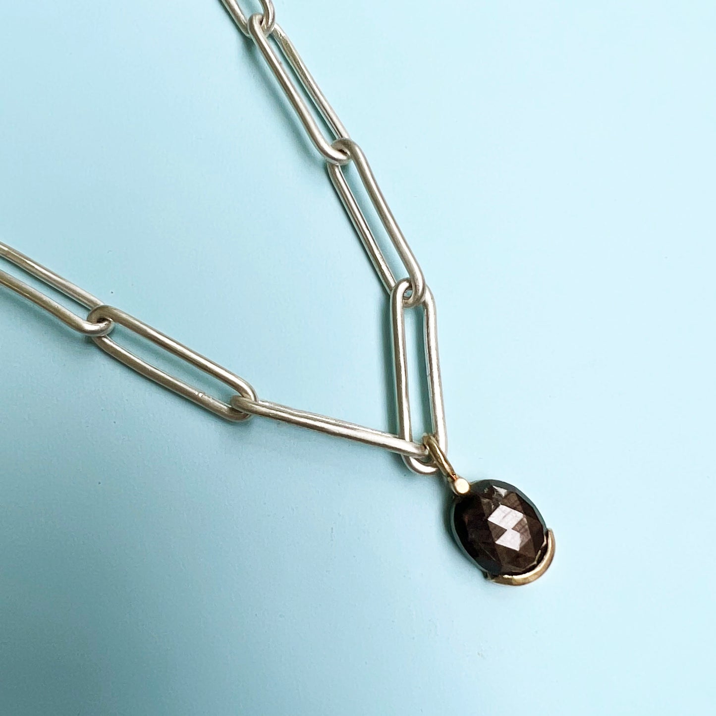 18ct gold & sapphire necklace, 18ct gold necklace, handmade jewellery, sapphire necklace, sterling silver chain, paperclip chain, sapphire pendant, gold necklace, sapphire paperclip chain