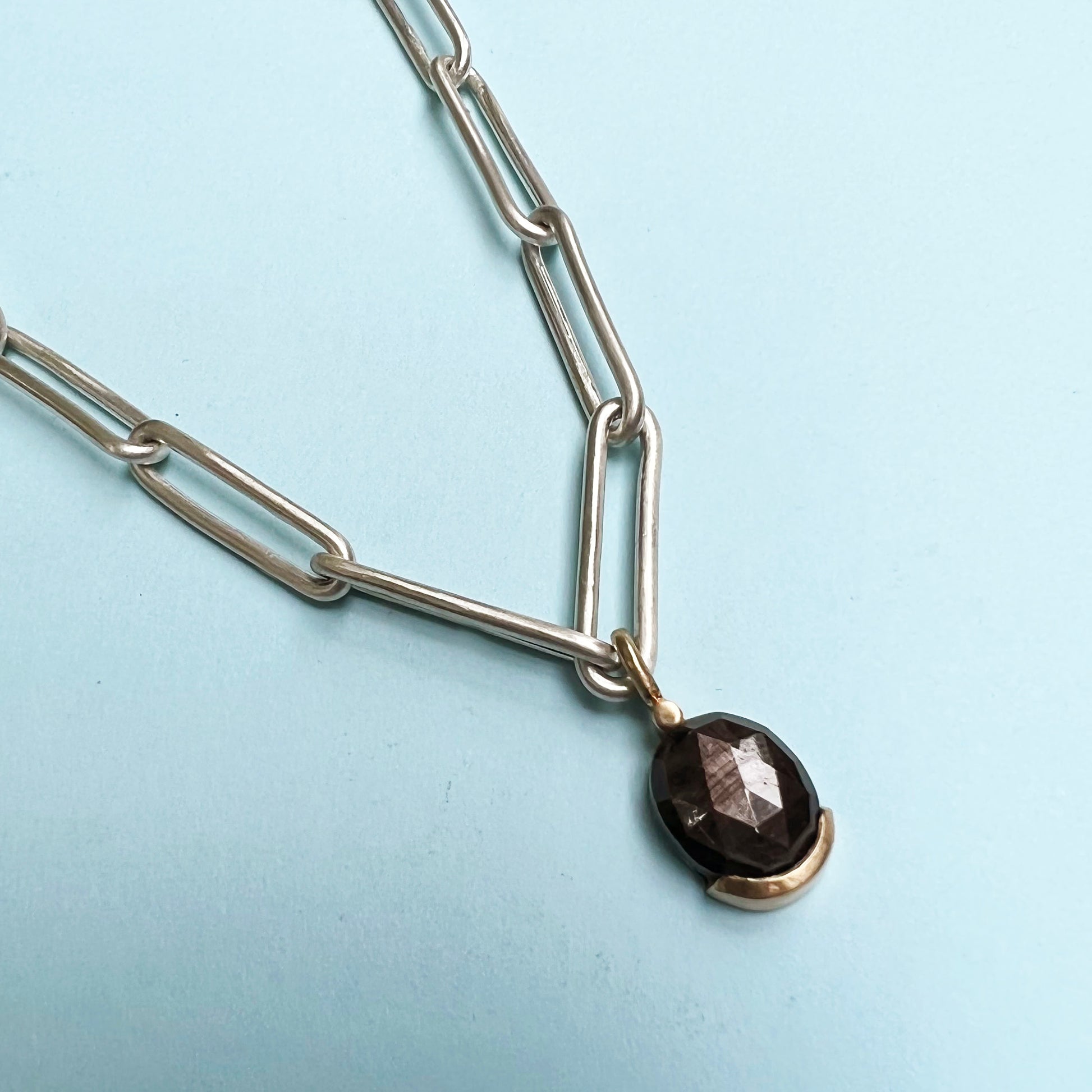 18ct gold & sapphire necklace, 18ct gold necklace, handmade jewellery, sapphire necklace, sterling silver chain, paperclip chain, sapphire pendant, gold necklace