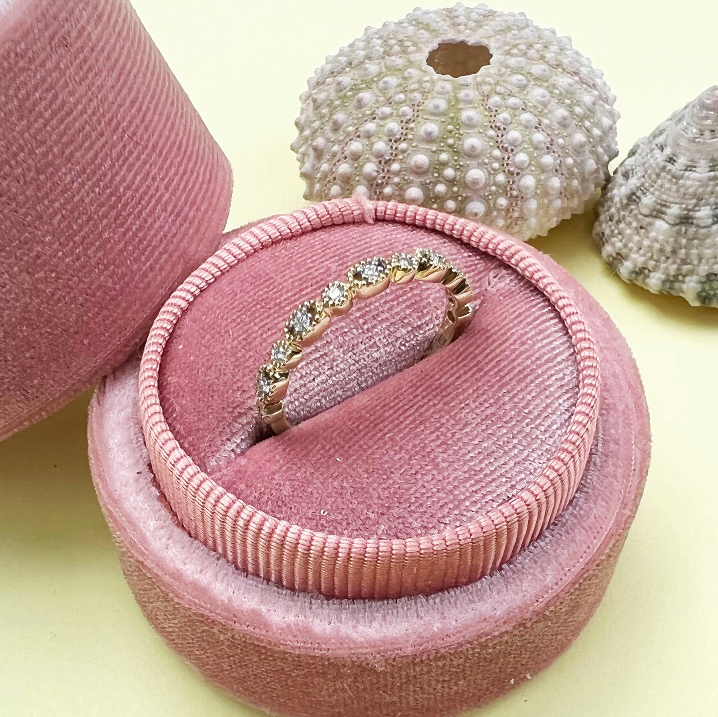 9ct yellow gold diamond mill grain eternity ring, 9ct yellow gold ring, gold diamond ring, yellow gold eternity ring, half cut diamond eternity ring, 9ct yellow gold eternity ring