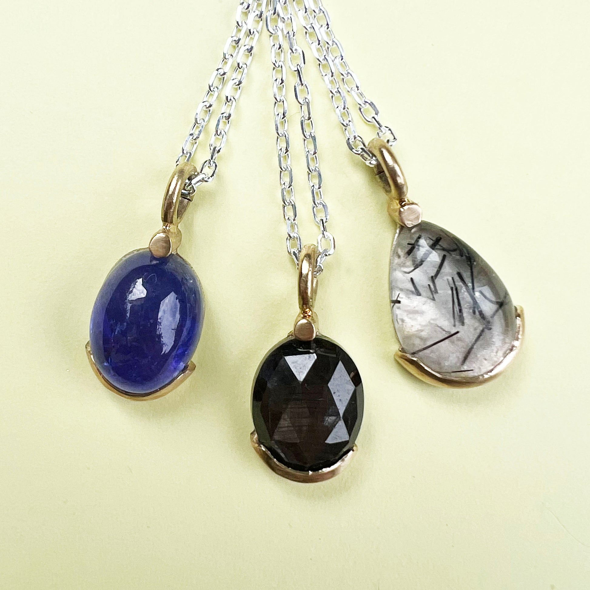 18ct gold & sapphire necklace, 18ct gold necklace, handmade jewellery, sapphire necklace, sterling silver chain, paperclip chain, sapphire pendant, gold necklace