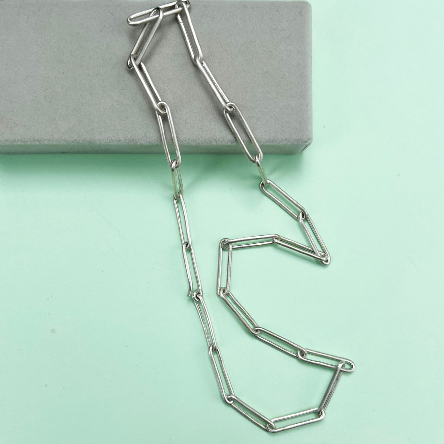 chunky paperclip chain, matte paperclip chain, paperclip necklace, LFW London fashion week, recycled silver, matte silver paperclip chain, London fashion week jewellery, paperclip chain