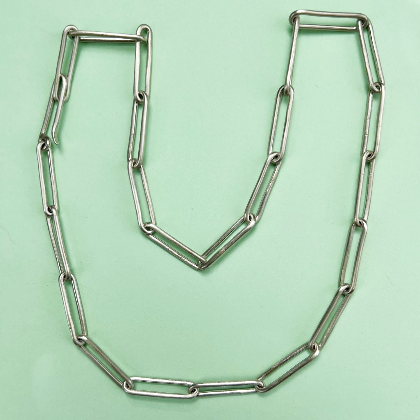 chunky paperclip chain, matte paperclip chain, paperclip necklace, LFW London fashion week, recycled silver, matte silver paperclip chain, London fashion week jewellery, paperclip chain