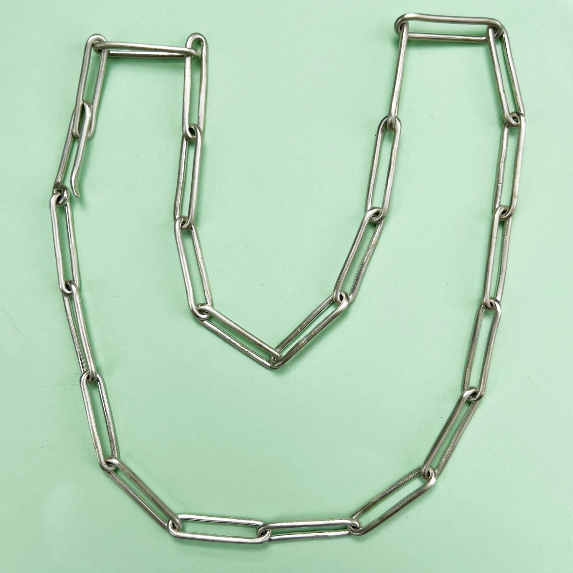 chunky paperclip chain, matte paperclip chain, paperclip necklace, LFW London fashion week, recycled silver, matte silver paperclip chain, London fashion week jewellery, paperclip chain