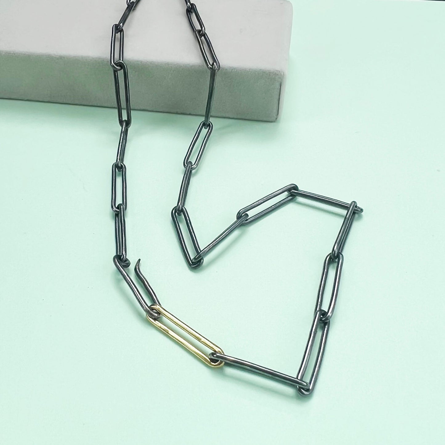 chunky black and gold paperclip chain, London fashion week, LFW, paperclip chain, paperclip necklace, paperclip bracelet, recycled sterling silver, black silver, London fashion week jewellery