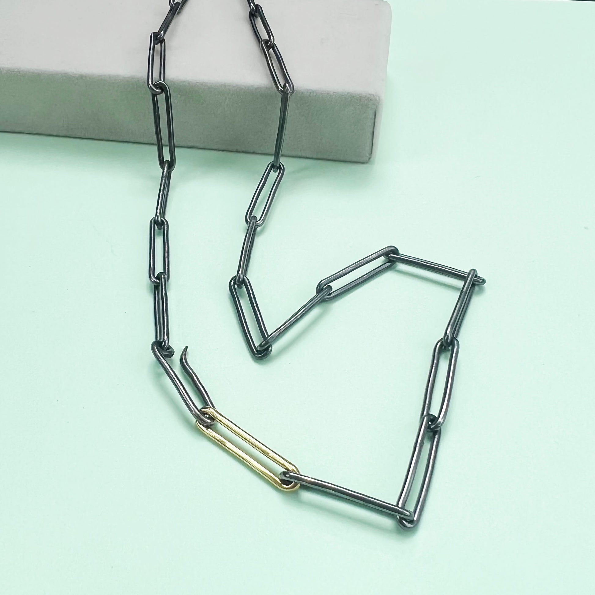 chunky black and gold paperclip chain, London fashion week, LFW, paperclip chain, paperclip necklace, paperclip bracelet, recycled sterling silver, black silver, London fashion week jewellery