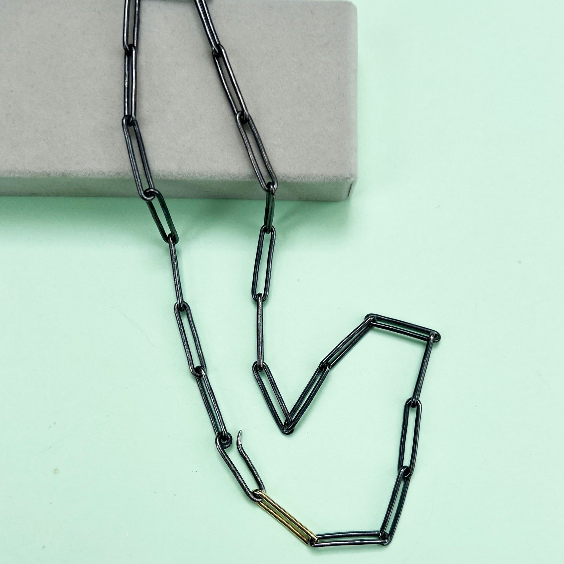 chunky black and gold paperclip chain, London fashion week, LFW, paperclip chain, paperclip necklace, paperclip bracelet, recycled sterling silver, black silver, London fashion week jewellery