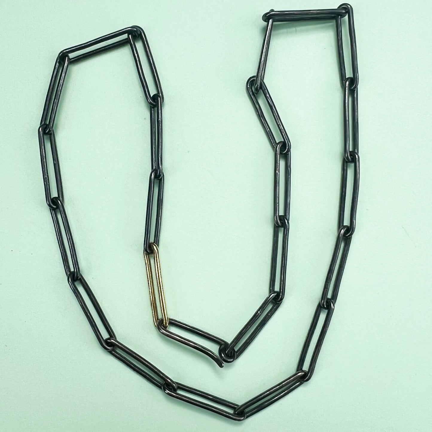 chunky black and gold paperclip chain, London fashion week, LFW, paperclip chain, paperclip necklace, paperclip bracelet, recycled sterling silver, black silver, London fashion week jewellery