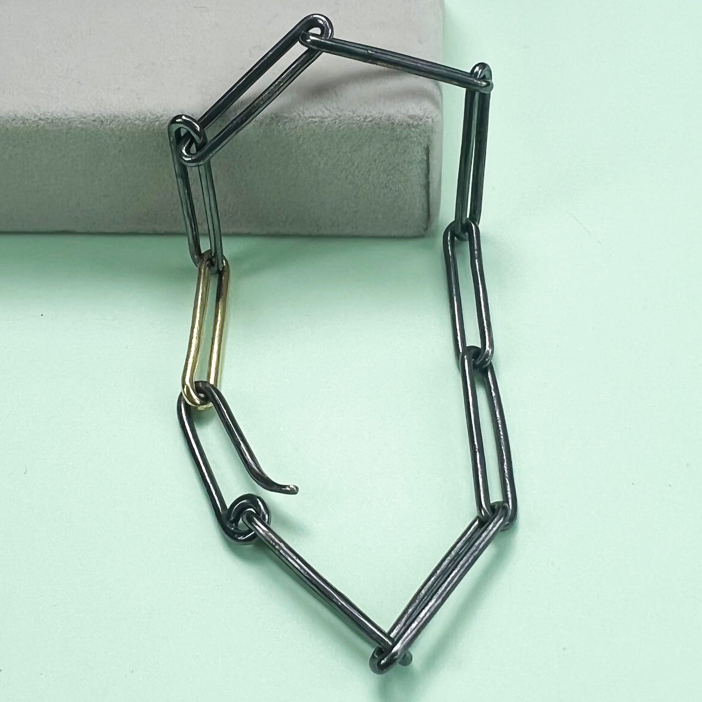 chunky black and gold paperclip chain, London fashion week, LFW, paperclip chain, paperclip necklace, paperclip bracelet, recycled sterling silver, black silver, London fashion week jewellery