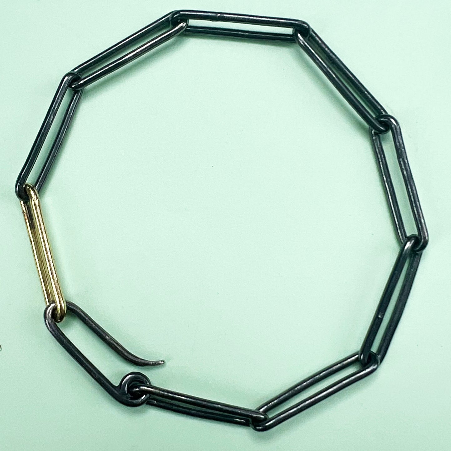 chunky black and gold paperclip chain, London fashion week, LFW, paperclip chain, paperclip necklace, paperclip bracelet, recycled sterling silver, black silver, London fashion week jewellery