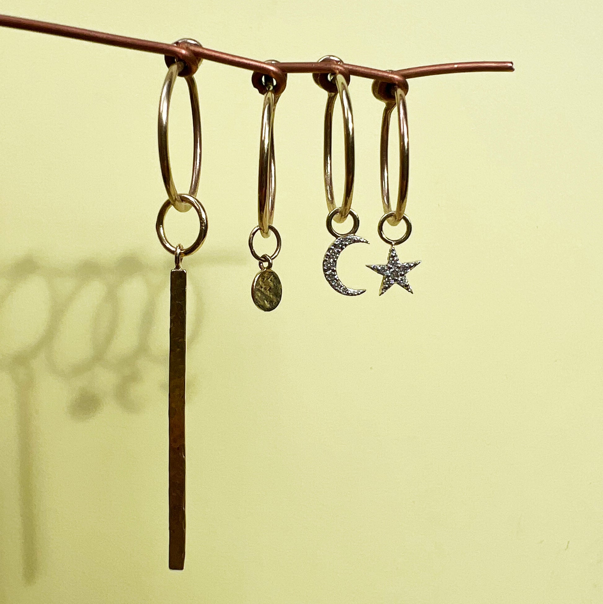delicate 9ct gold hoop and drop earrings, 9ct gold earrings, polished gold earrings, yellow gold star earrings, 9ct yellow gold crescent moon earring, gold circle hoop earring, gold bar hoop earring