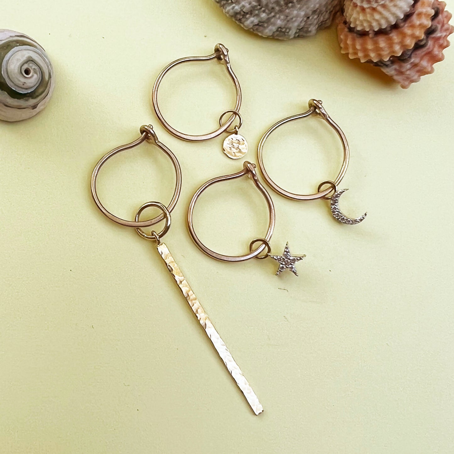 delicate 9ct gold hoop and drop earrings, 9ct gold earrings, polished gold earrings, yellow gold star earrings, 9ct yellow gold crescent moon earring, gold circle hoop earring, gold bar hoop earring