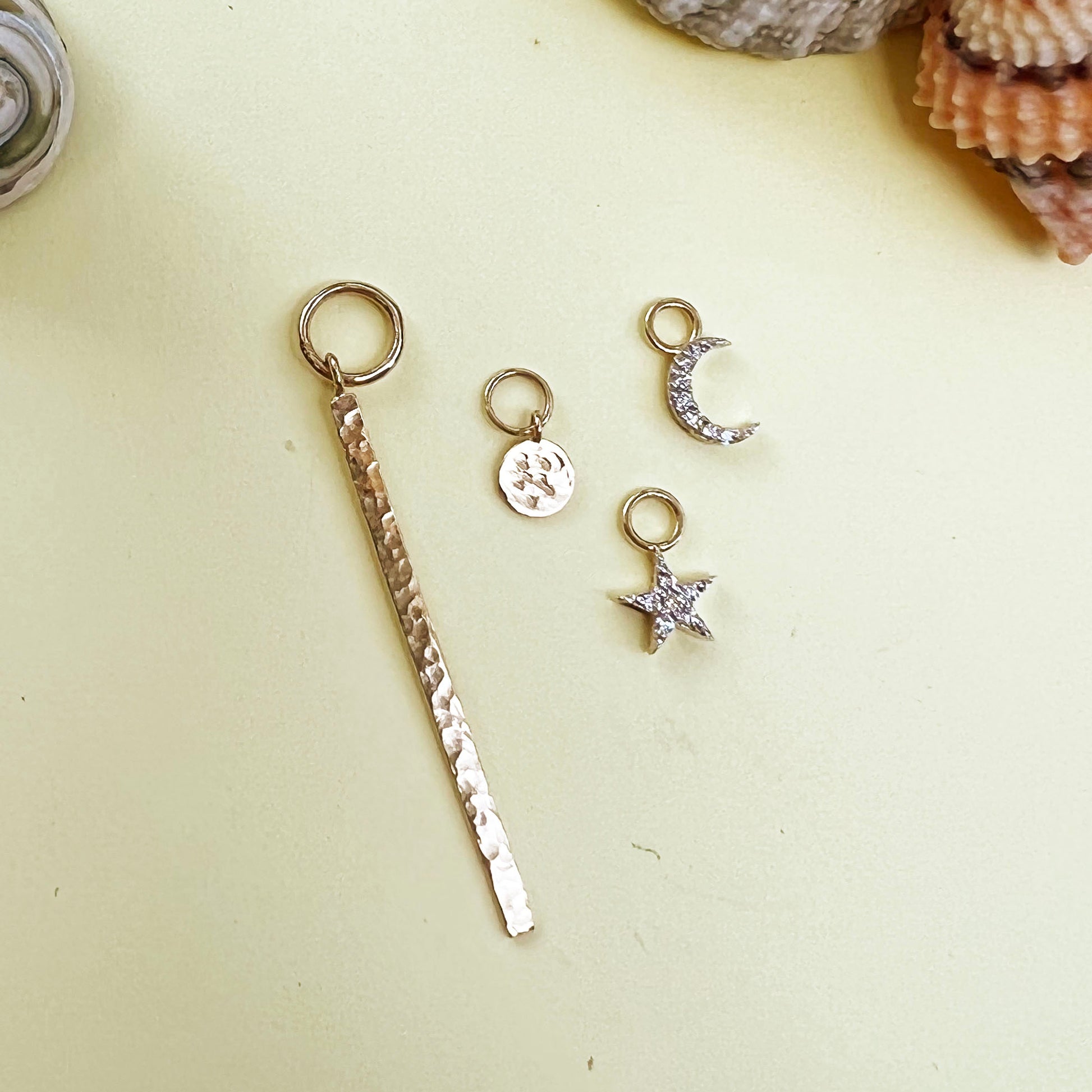 delicate 9ct gold hoop and drop earrings, 9ct gold earrings, polished gold earrings, yellow gold star earrings, 9ct yellow gold crescent moon earring, gold circle hoop earring, gold bar hoop earring
