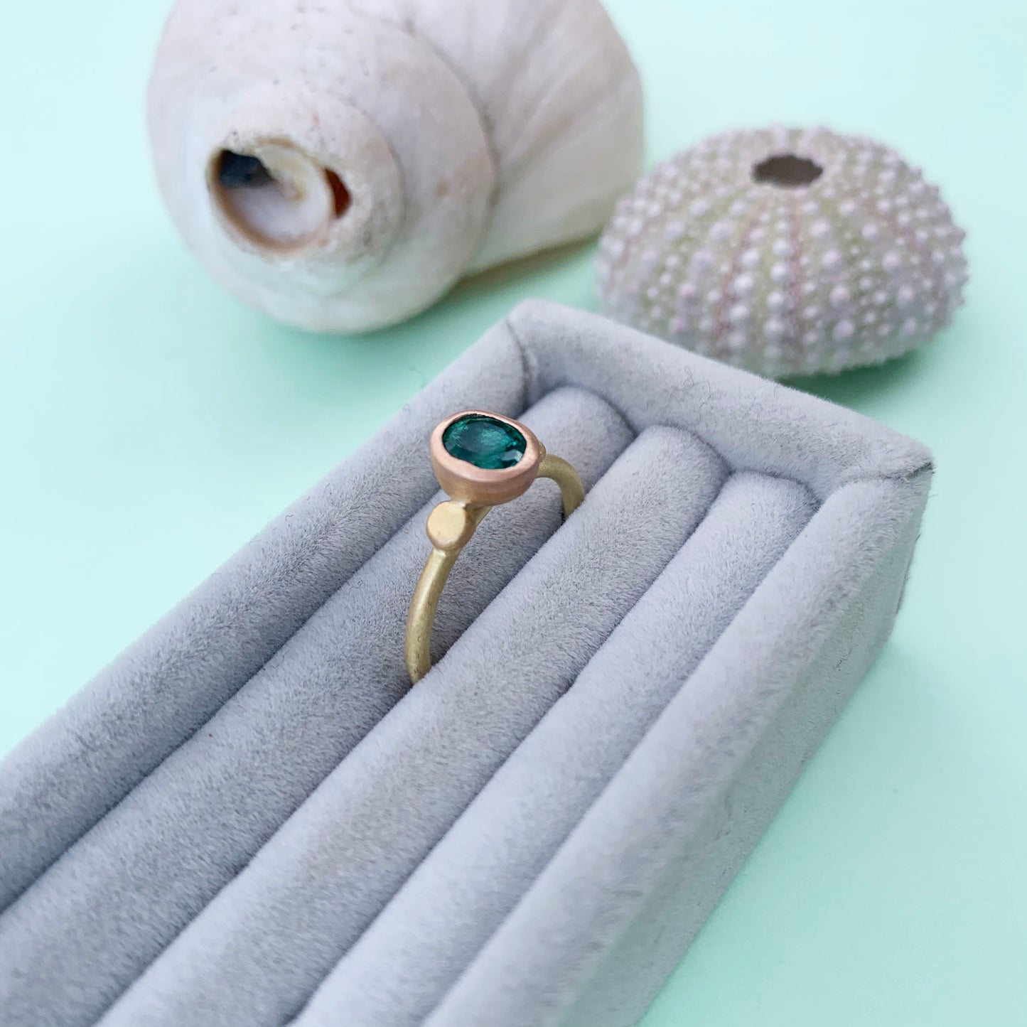 emerald 18ct yellow gold ring, 22ct gold shank, emerald ring, 18ct gold ring, 18ct gold emerald ring, gold emerald ring, emerald gold ring with satin finish, satin finish emerald ring