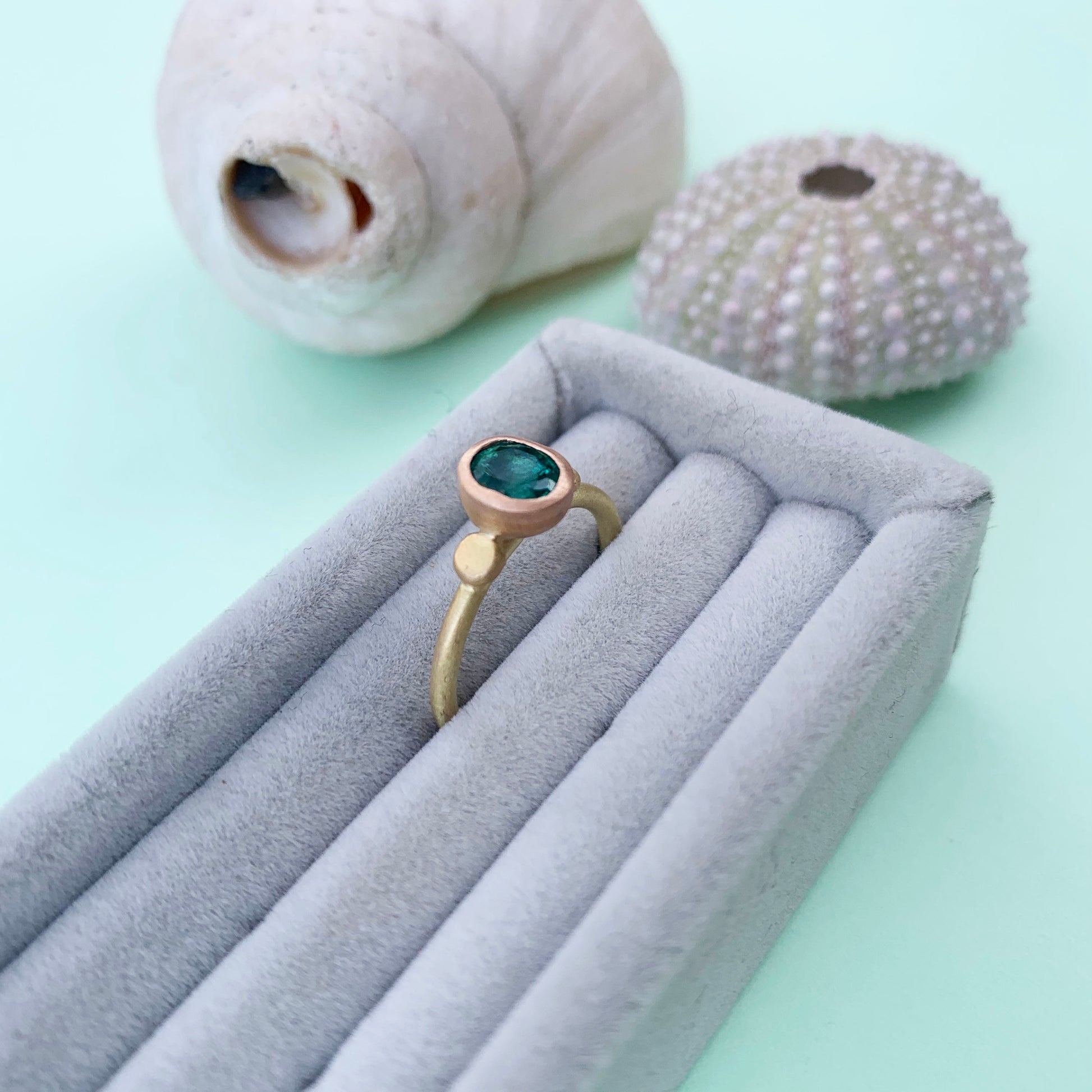 emerald 18ct yellow gold ring, 22ct gold shank, emerald ring, 18ct gold ring, 18ct gold emerald ring, gold emerald ring, emerald gold ring with satin finish, satin finish emerald ring