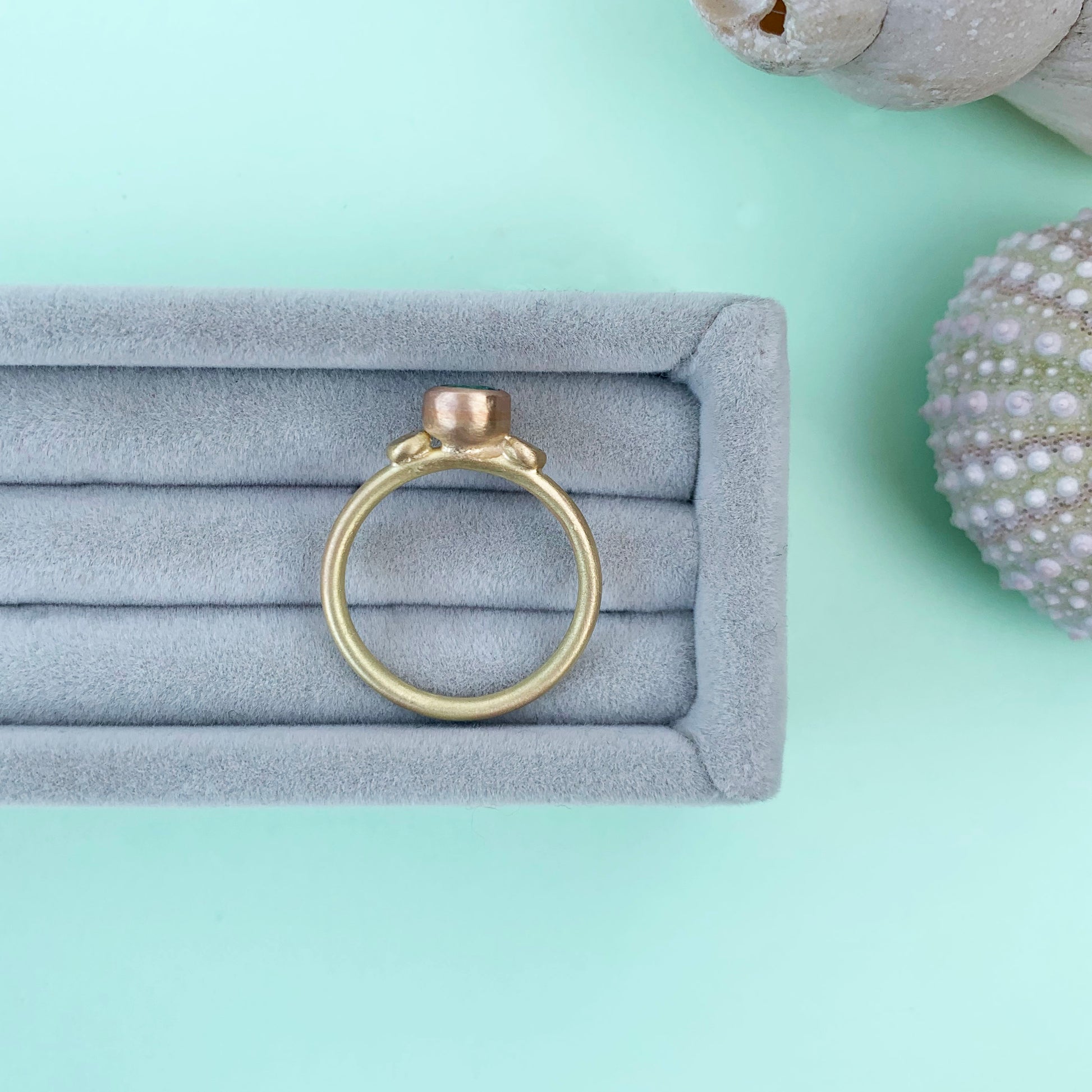 emerald 18ct yellow gold ring, 22ct gold shank, emerald ring, 18ct gold ring, 18ct gold emerald ring, gold emerald ring, emerald gold ring with satin finish, satin finish emerald ring