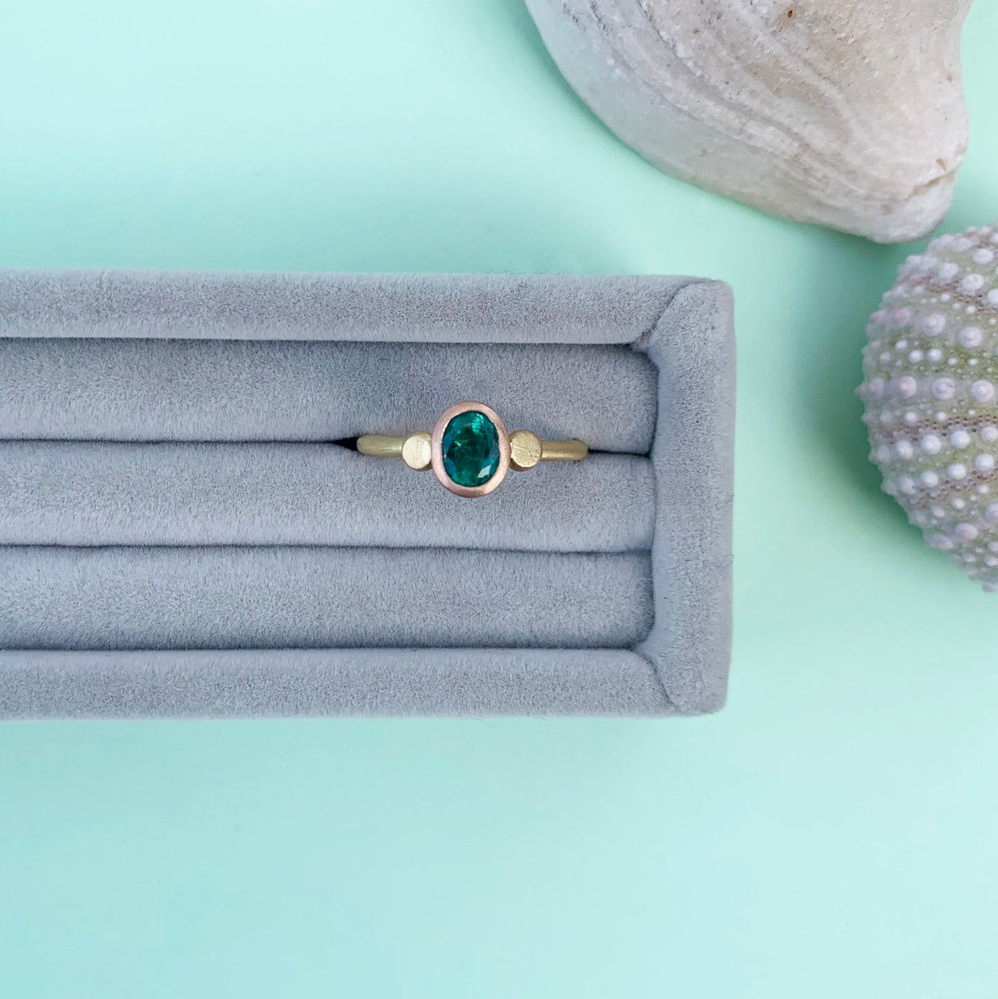 emerald 18ct yellow gold ring, 22ct gold shank, emerald ring, 18ct gold ring, 18ct gold emerald ring, gold emerald ring, emerald gold ring with satin finish, satin finish emerald ring