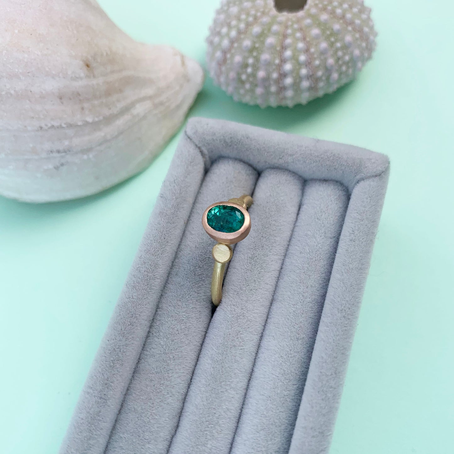 emerald 18ct yellow gold ring, 22ct gold shank, emerald ring, 18ct gold ring, 18ct gold emerald ring, gold emerald ring, emerald gold ring with satin finish, satin finish emerald ring