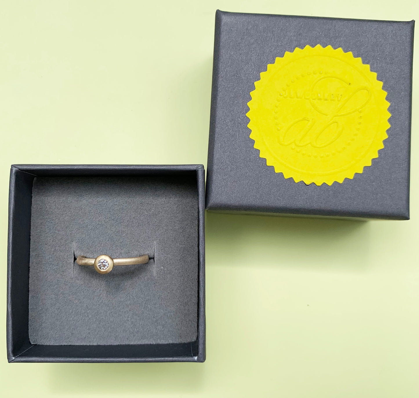 cut diamond bezel set in 18ct yellow gold ring, 18ct yellow gold diamond ring, diamond ring, gold ring, yellow gold diamond ring, gold diamond ring with satin finish, gold satin finish ring