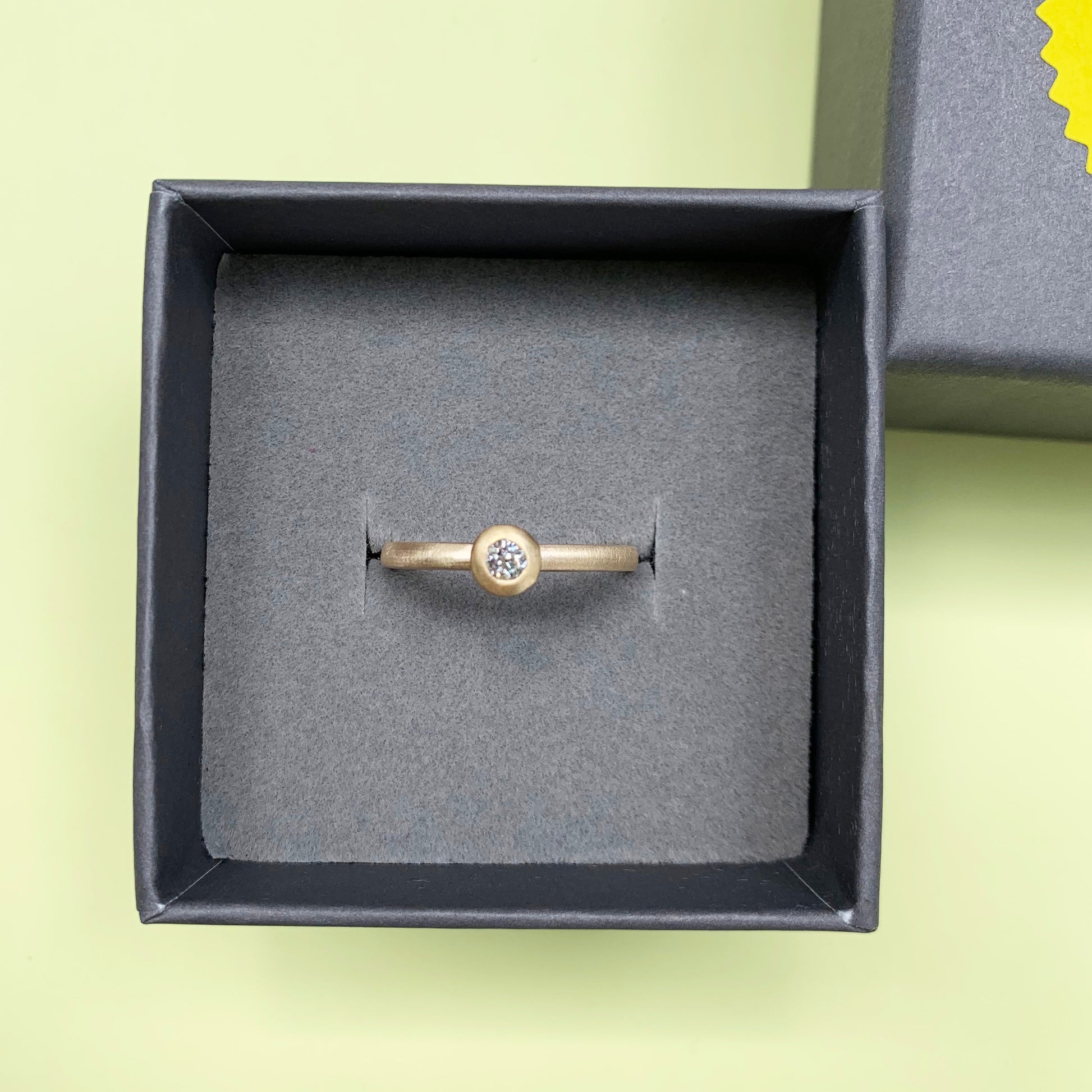 cut diamond bezel set in 18ct yellow gold ring, 18ct yellow gold diamond ring, diamond ring, gold ring, yellow gold diamond ring, gold diamond ring with satin finish, gold satin finish ring