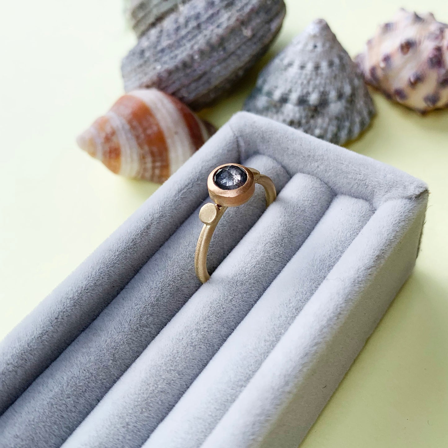 salt and pepper diamond ring, 18ct gold satin finish ring, 18ct gold diamond ring, gold ring with salt and pepper diamond, salt and pepper diamond ring