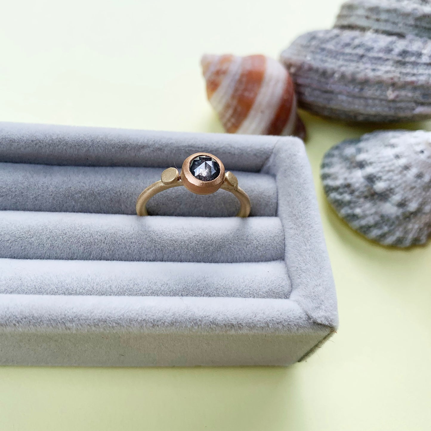 salt and pepper diamond ring, 18ct gold satin finish ring, 18ct gold diamond ring, gold ring with salt and pepper diamond, salt and pepper diamond ring