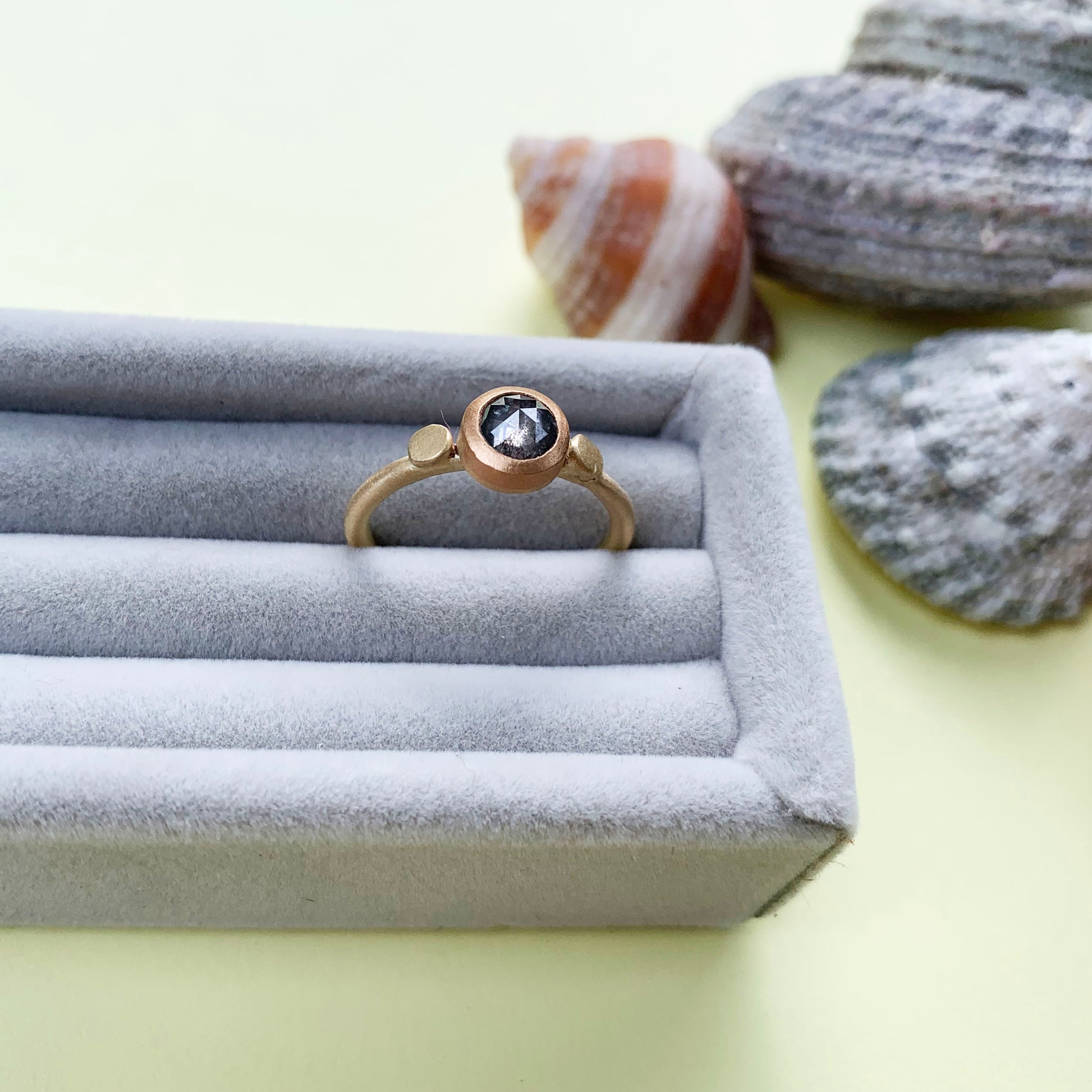 salt and pepper diamond ring, 18ct gold satin finish ring, 18ct gold diamond ring, gold ring with salt and pepper diamond, salt and pepper diamond ring