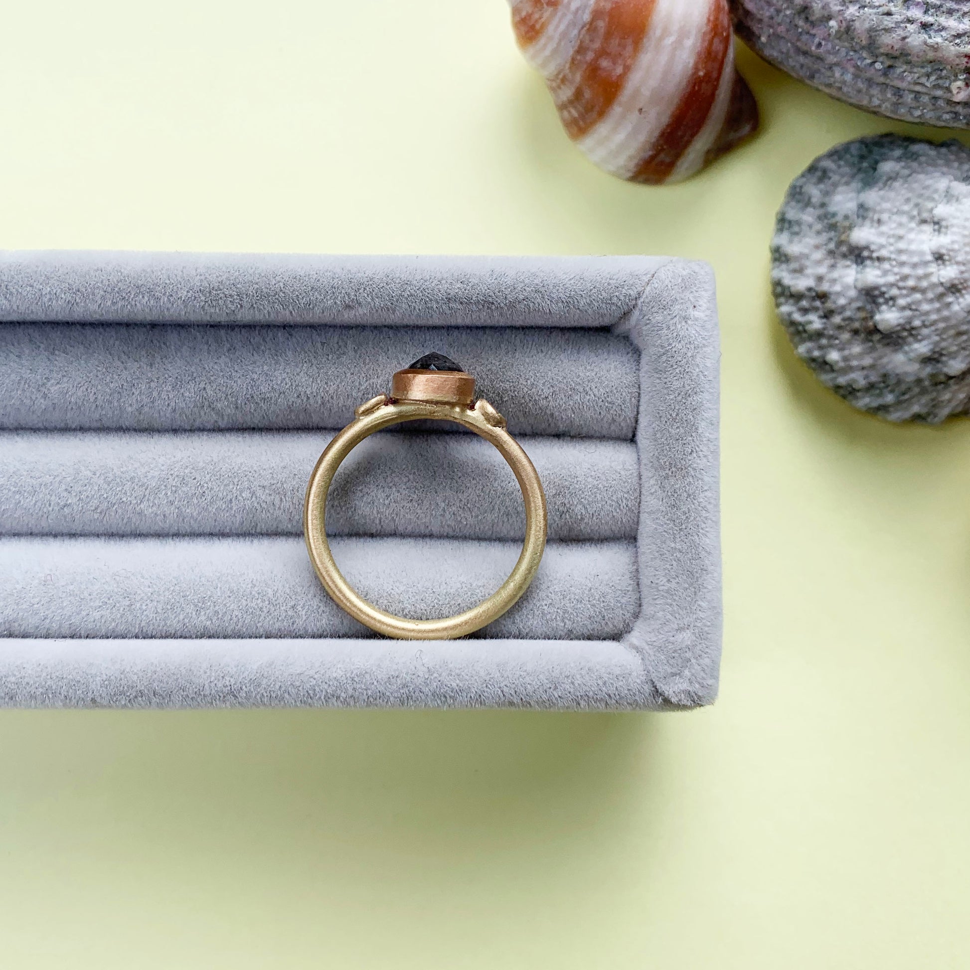 salt and pepper diamond ring, 18ct gold satin finish ring, 18ct gold diamond ring, gold ring with salt and pepper diamond, salt and pepper diamond ring