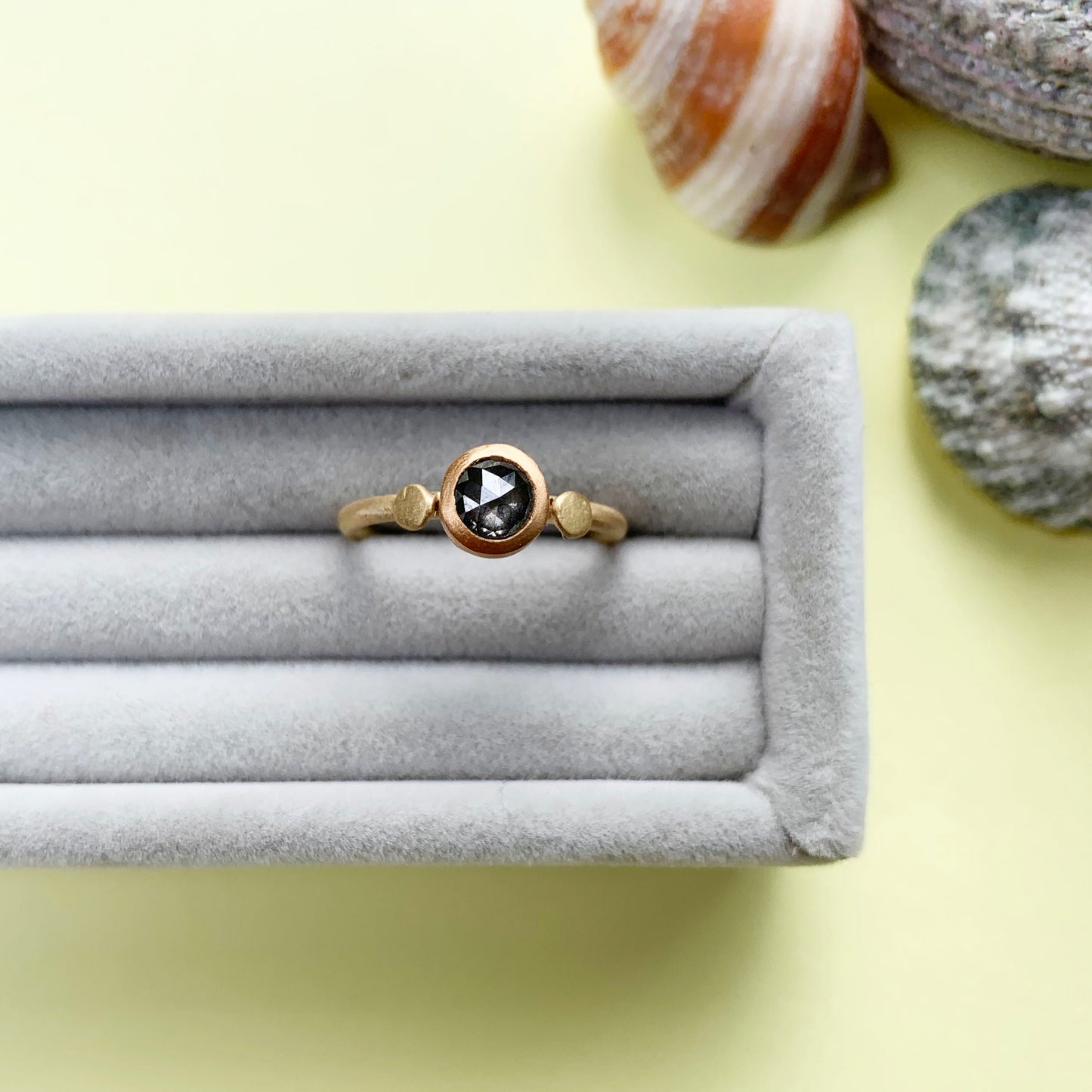 salt and pepper diamond ring, 18ct gold satin finish ring, 18ct gold diamond ring, gold ring with salt and pepper diamond, salt and pepper diamond ring