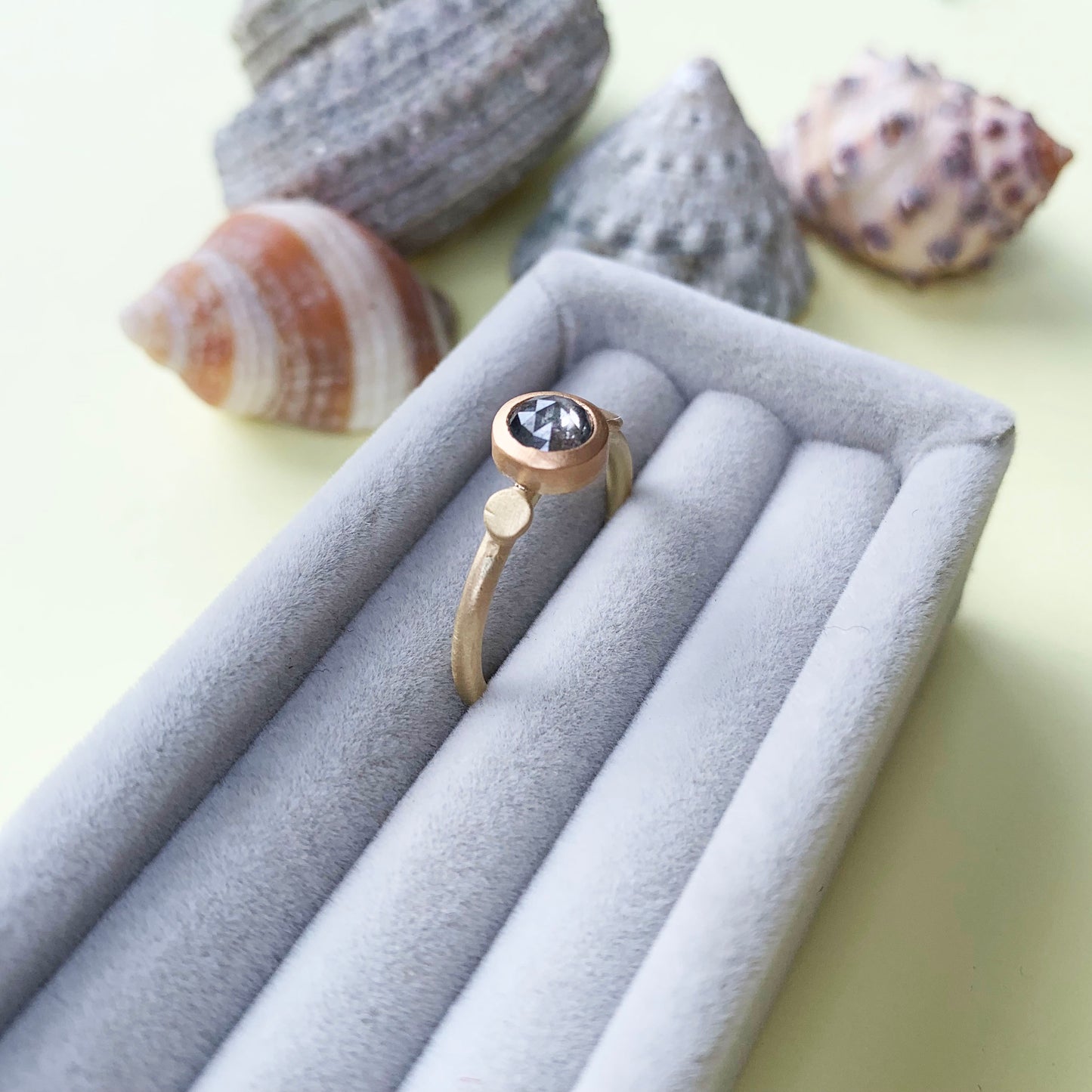 salt and pepper diamond ring, 18ct gold satin finish ring, 18ct gold diamond ring, gold ring with salt and pepper diamond, salt and pepper diamond ring