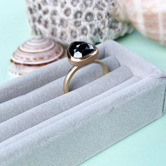 black diamond rose cut ring, 18ct yellow gold ring, 18ct yellow gold shank, rose cute black diamond bezel set in 22ct gold, 22ct gold, black diamond in gold, diamond ring, gold ring, 18ct gold diamond ring with satin finish, satin finish