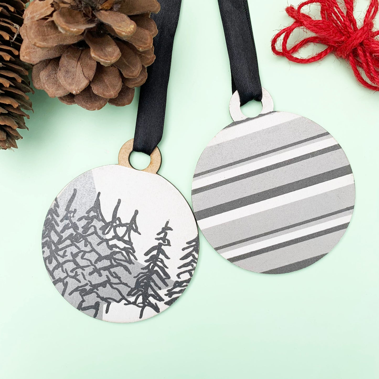 sustainable bauble set, Christmas baubles, sterling silver, wooden baubles, painted baubles