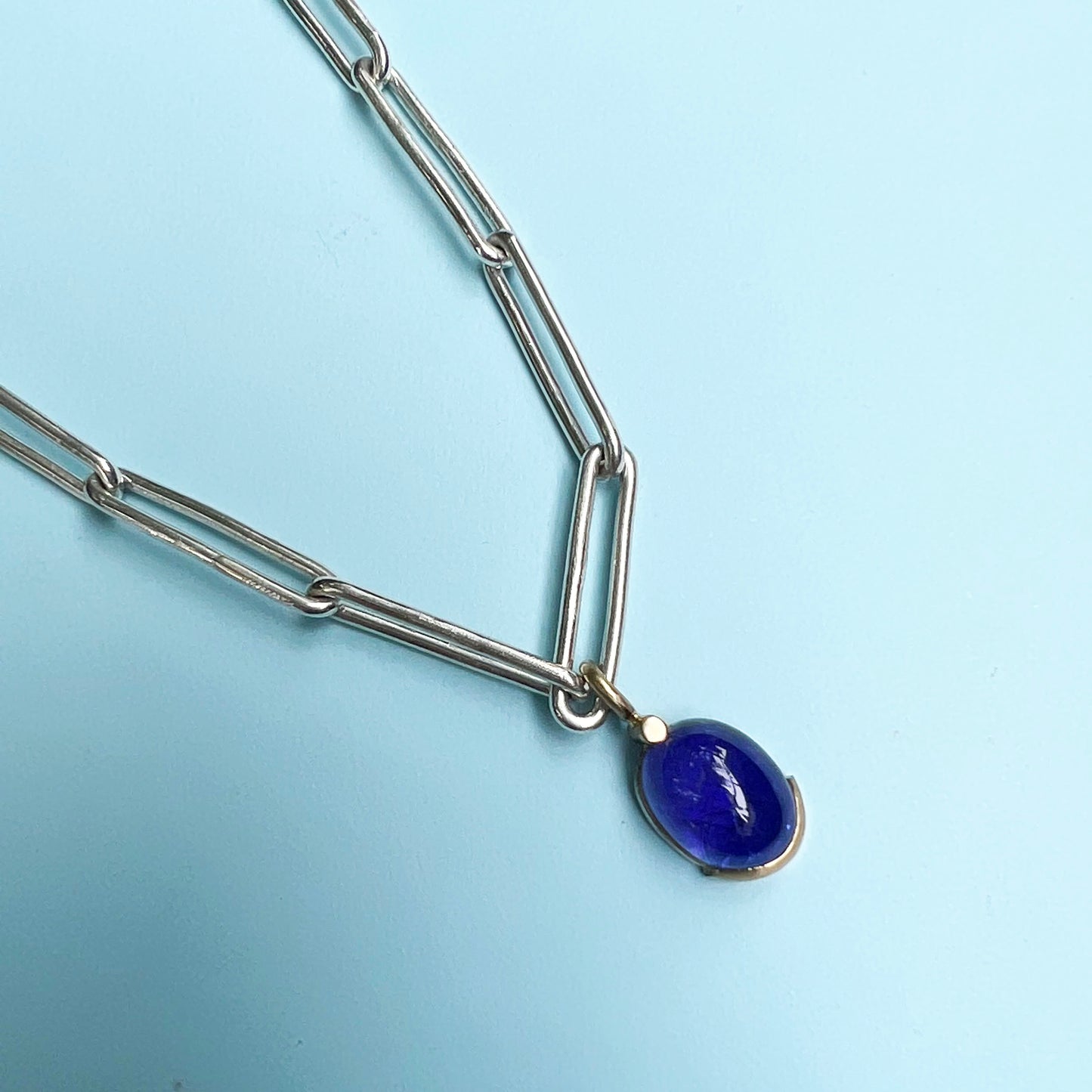 unique jewellery, handmade jewellery, 18ct gold & tanzanite necklace, 18ct gold necklace, sterling silver chain, tanzanite pendant, tanzanite necklace, gemstone necklace, paperclip chain